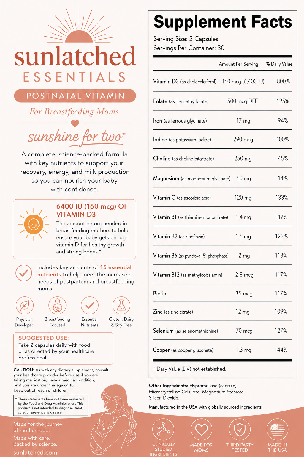 Sunlatched Essentials supplement facts and product label
